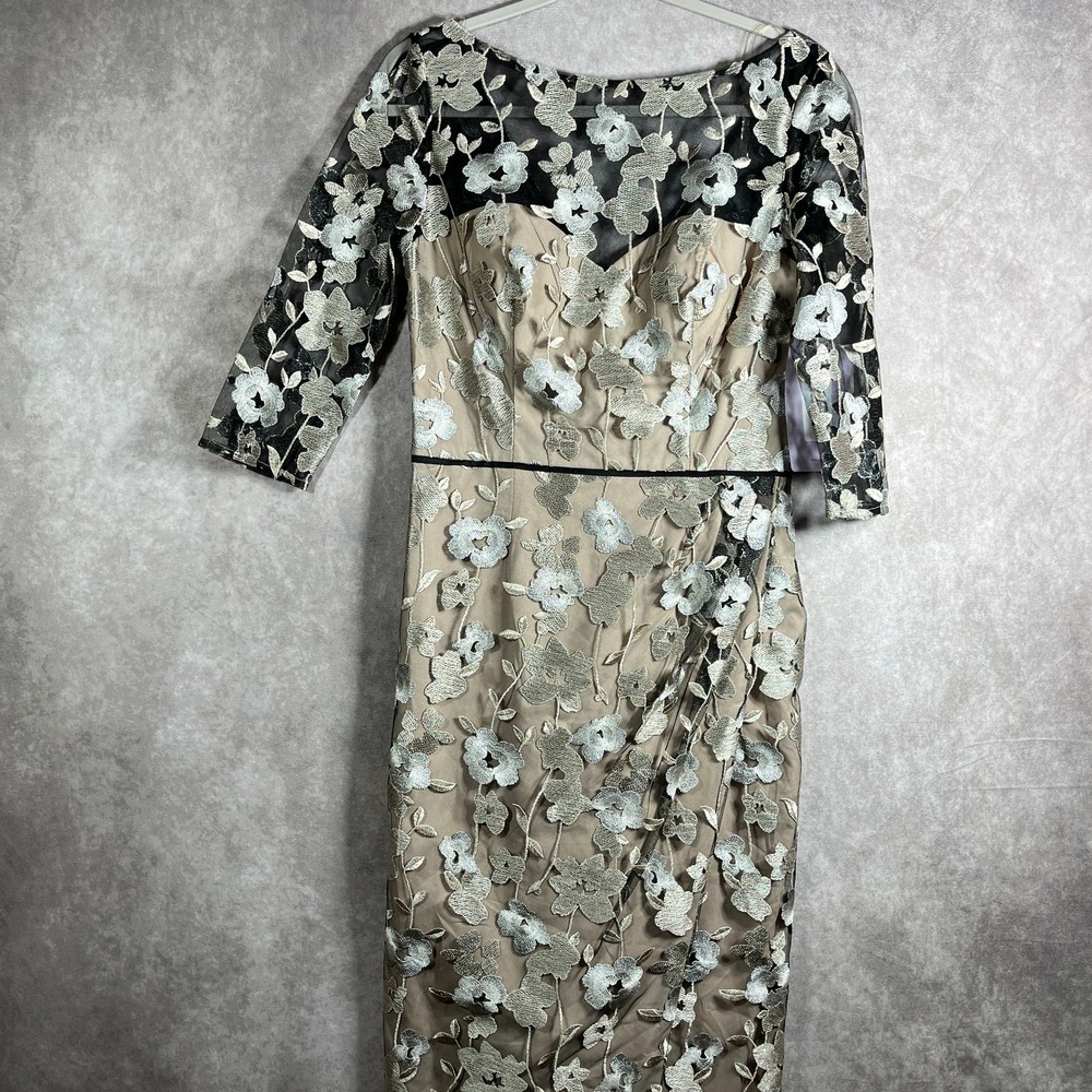 JS Collection Floral‎ Embroidered Evening Long Dress Womens 6 Oyster Black NEW - Picture 2 of 15